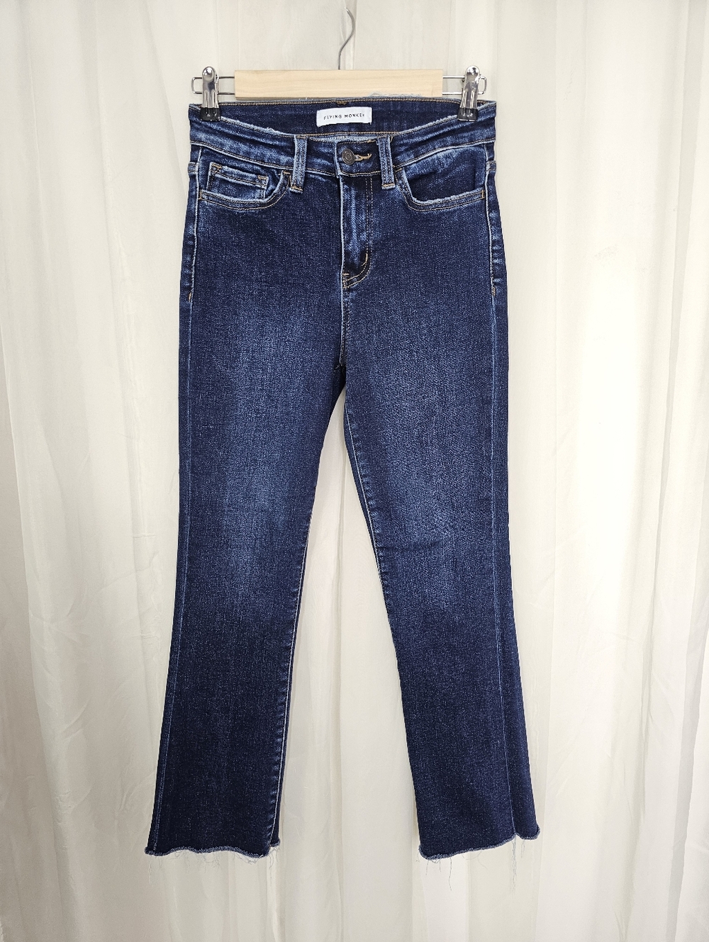 Flying Monkey High Rise Crop Raw Hem Kick Flare Jeans Dark Wash 25